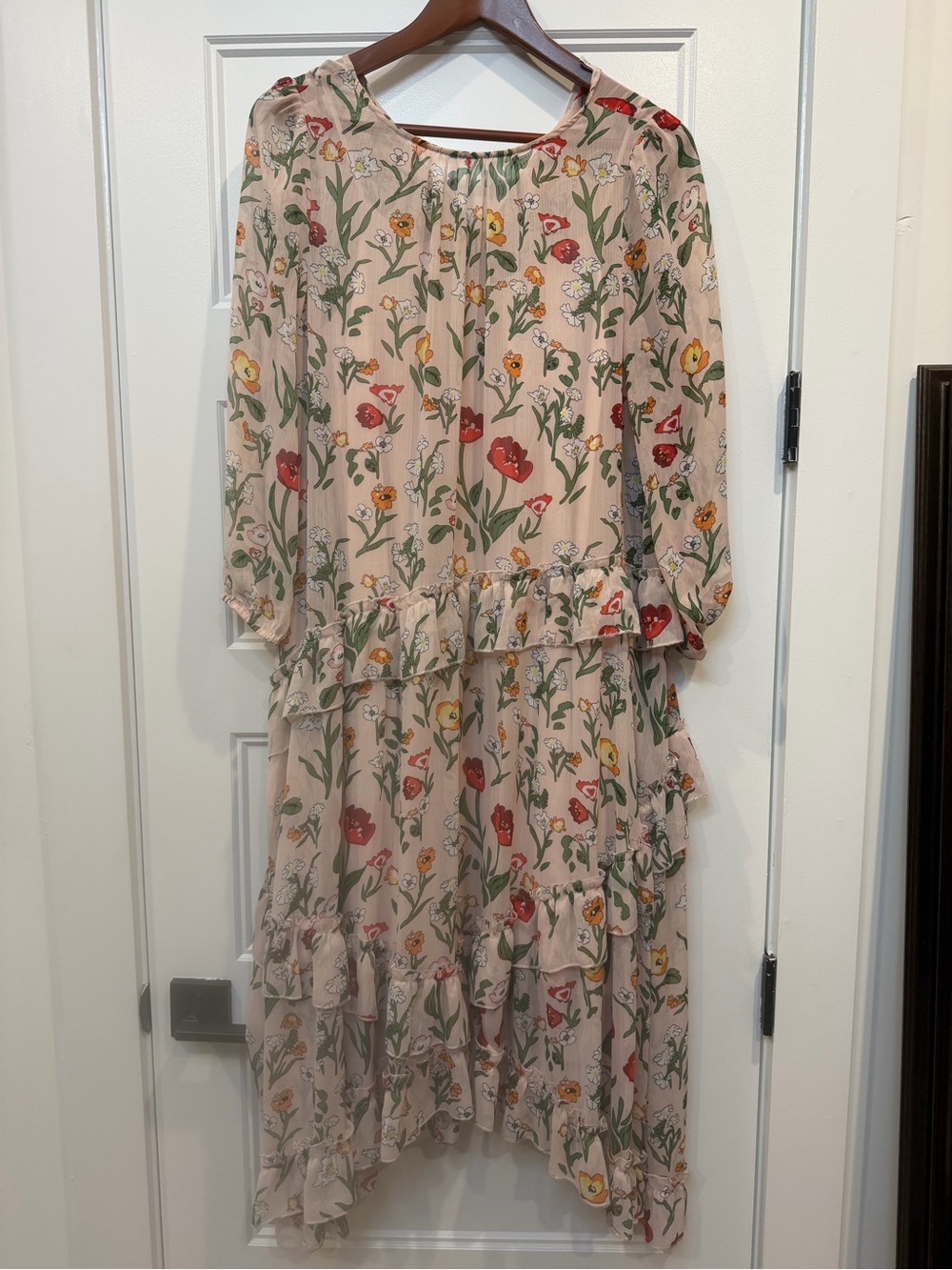 Eva Mendes Floral Ruffled Midi Dress in Blush